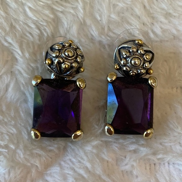 MX‎ Simulated Amethyst Purple Stone Emerald Cut Earrings - Picture 1 of 7